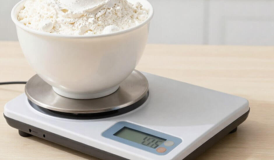 Comparação entre medida de xícara e balança digital para receitas